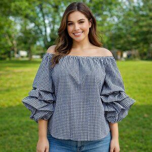 Black & White Gingham Off-Shoulder Blouse With Ruffled Sleeves By Roommates S